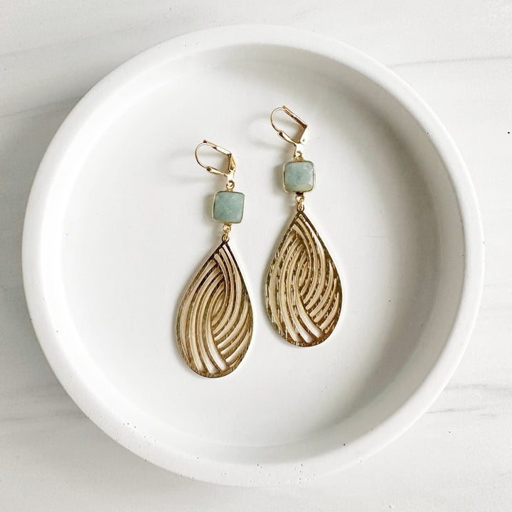Swirl Teardrop and Aquamarine Statement Earrings in Brushed Brass Gold