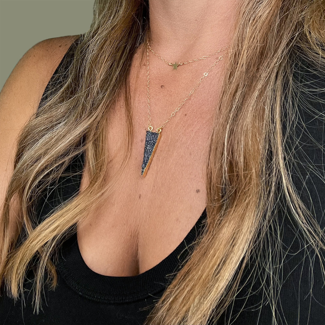 Black Druzy Triangle Necklace in Gold