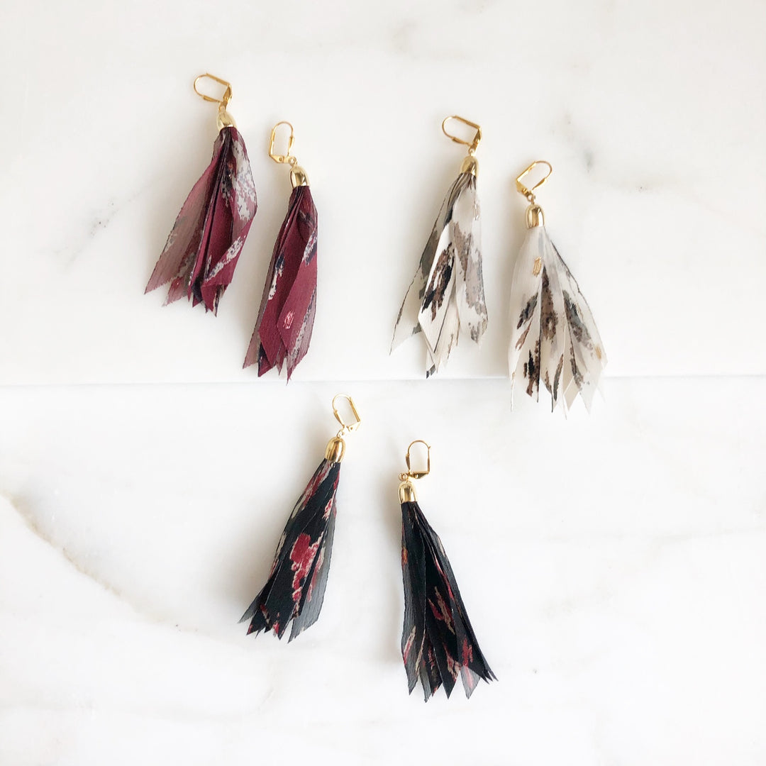 Long Fabric Tassel Earrings. Red Black White Tassel Earrings