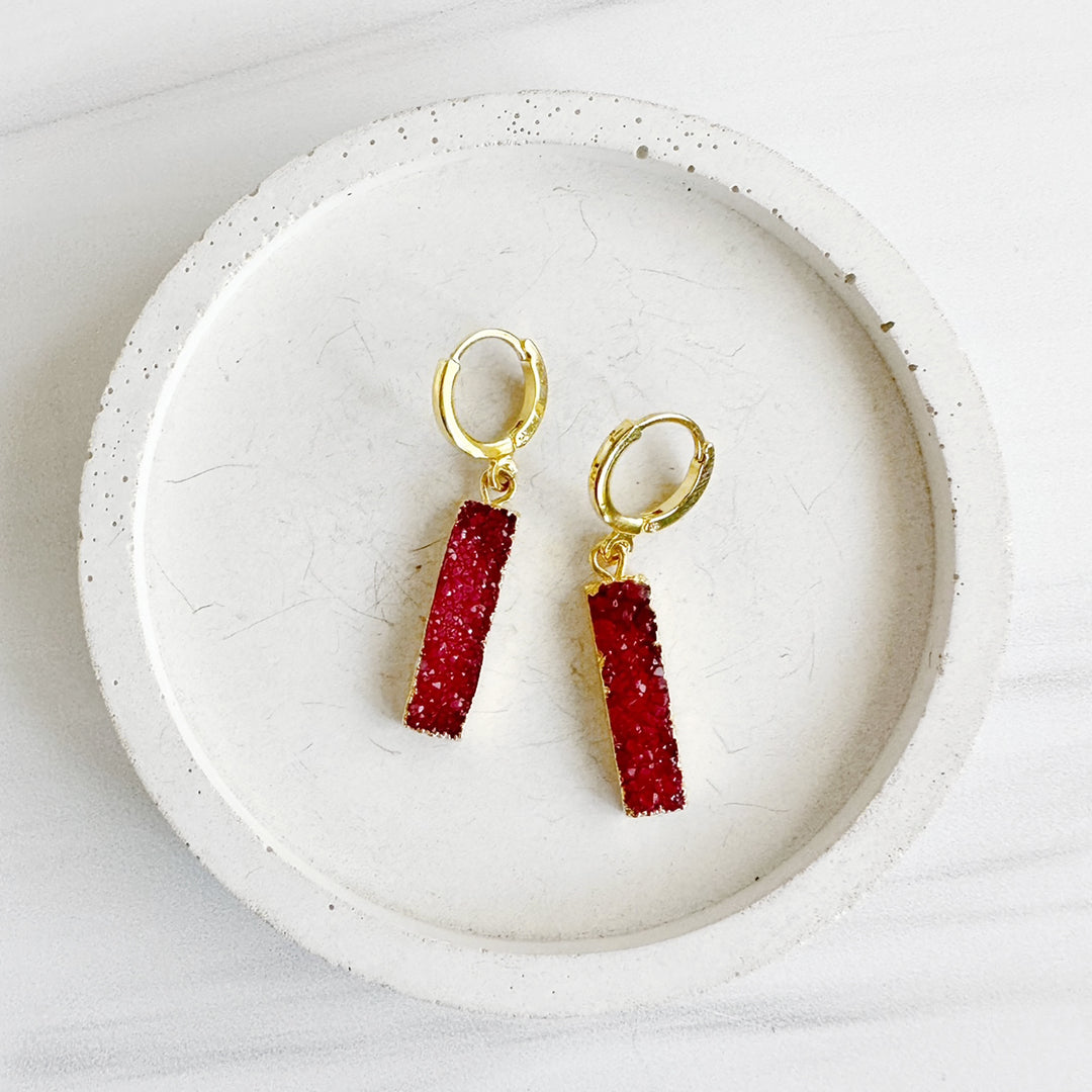 Small Red Rectangle Druzy Hoop Earrings in Gold