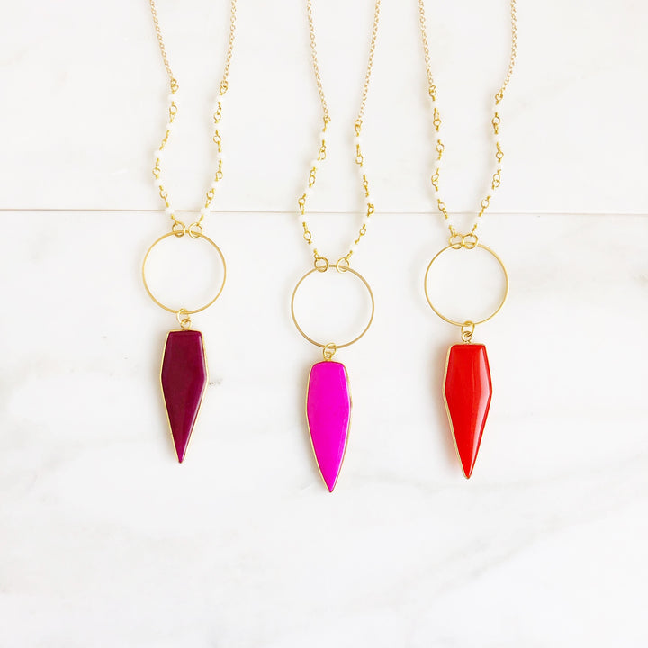 Long Colorful Stone Shield Necklace in Gold