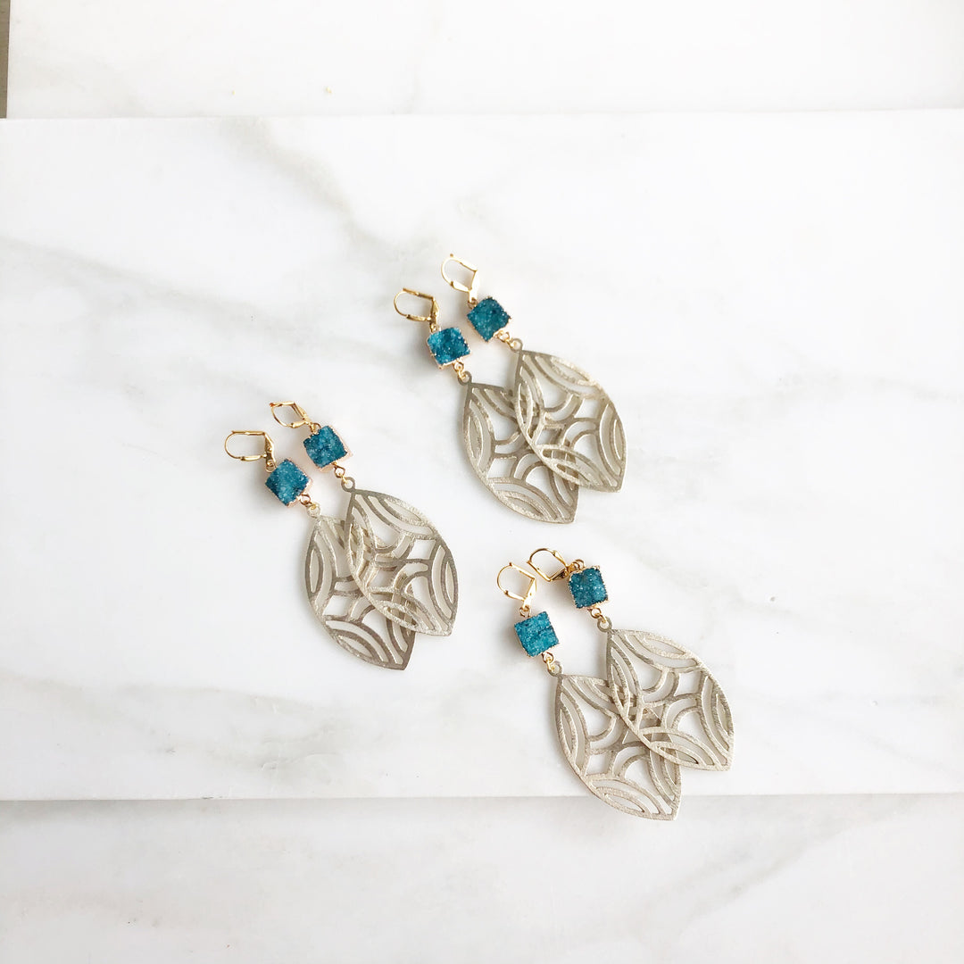 Druzy Statement Earrings in Gold. Teal Druzy and Gold Statement Earrings. Druzy Jewelry. Chandelier.