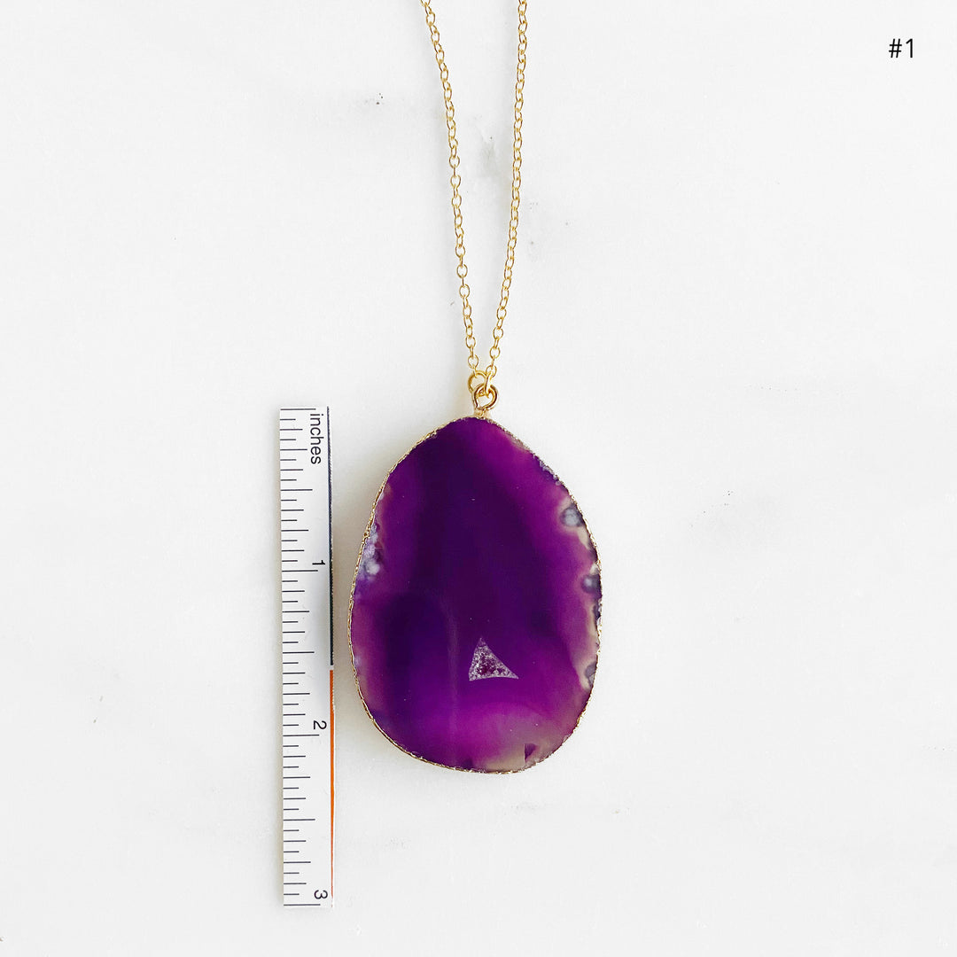 Long Natural Geode Slice Stone Necklaces in Purple or Blue