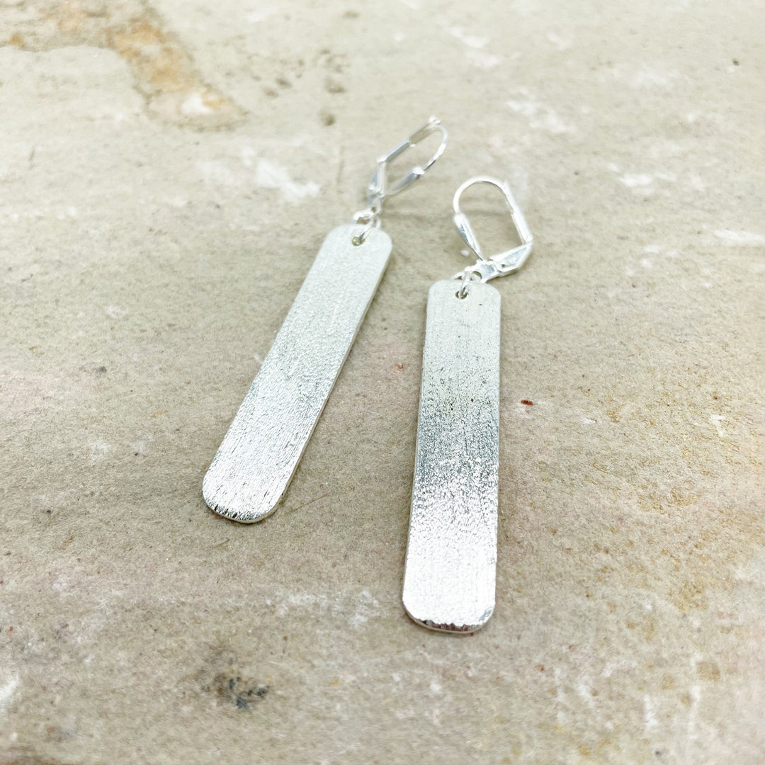 Rounded Rectangle Dangle Earrings in Brushed Silver