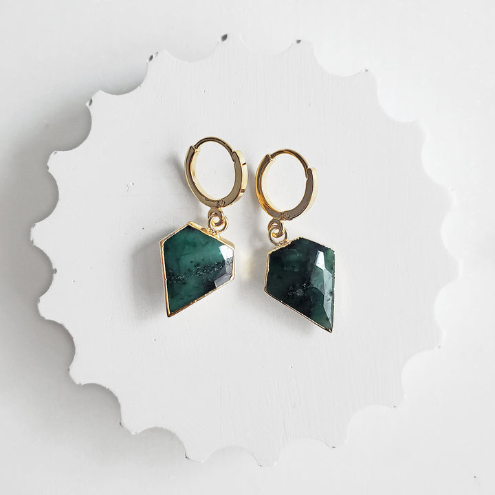 Dainty Emerald Shield Stone Drop Earrings in Gold