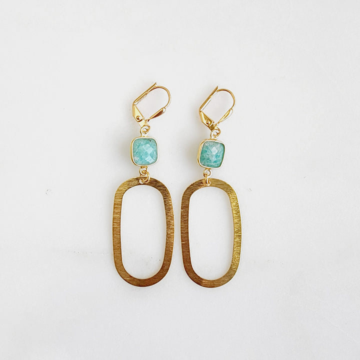 Amazonite Bezel Open Oval Dangle Earrings with Brushed Gold