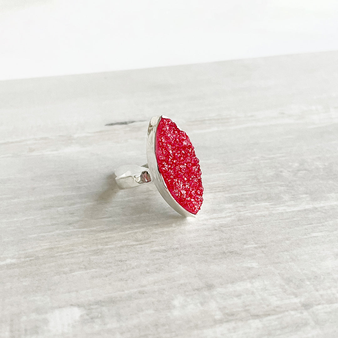 Red Druzy Marquise Statement Cocktail Ring. Silver or Gold Adjustable