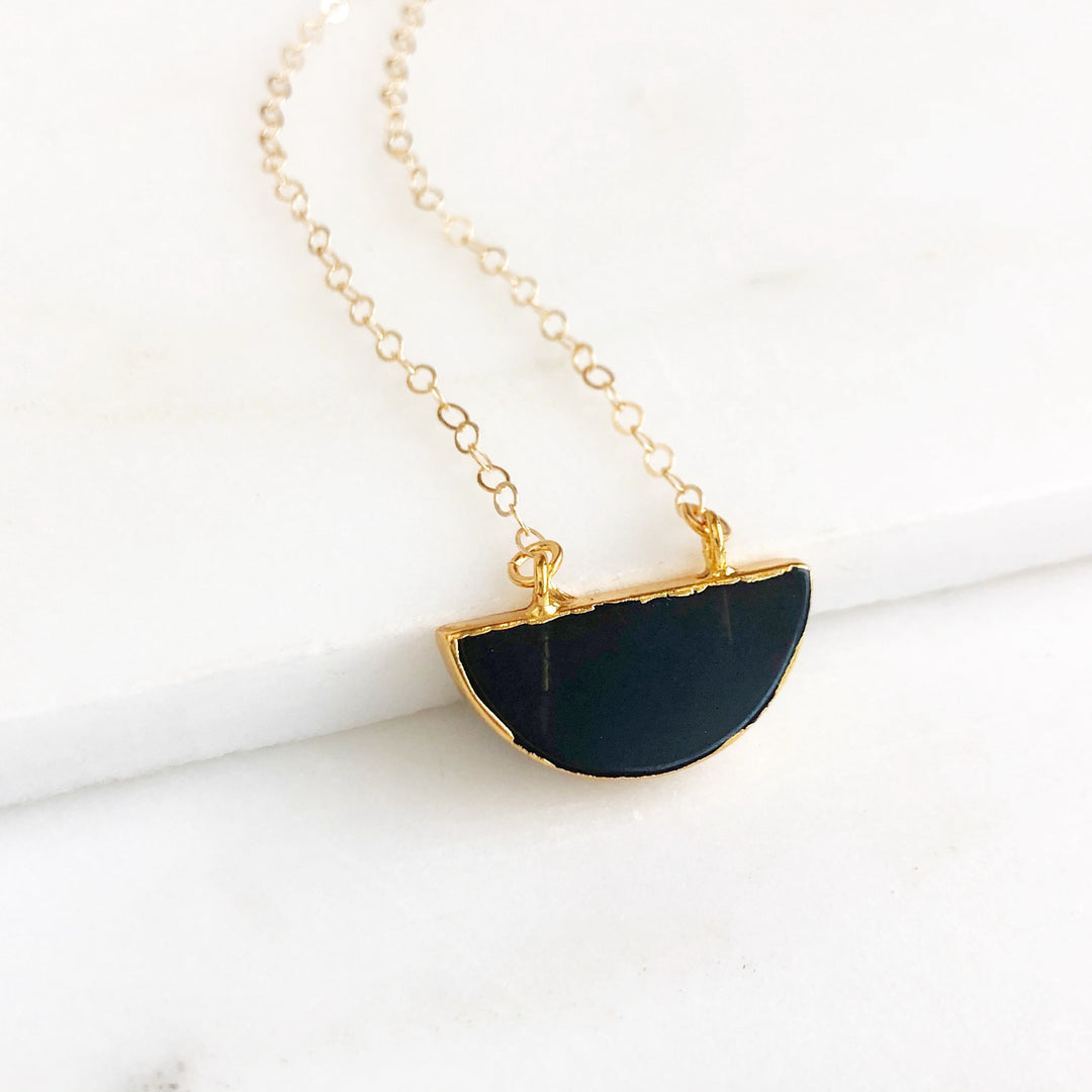 Black Crescent Moon Necklace in Gold. Black Stone Crescent Necklace