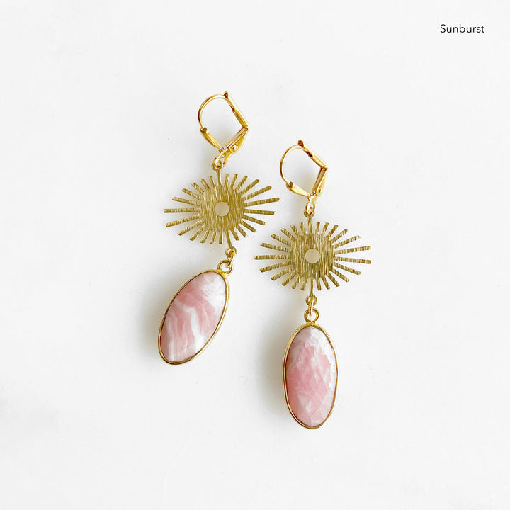 Brushed Brass and Pink Opal Dangle Earrings. Gold Pink Stone Earrings