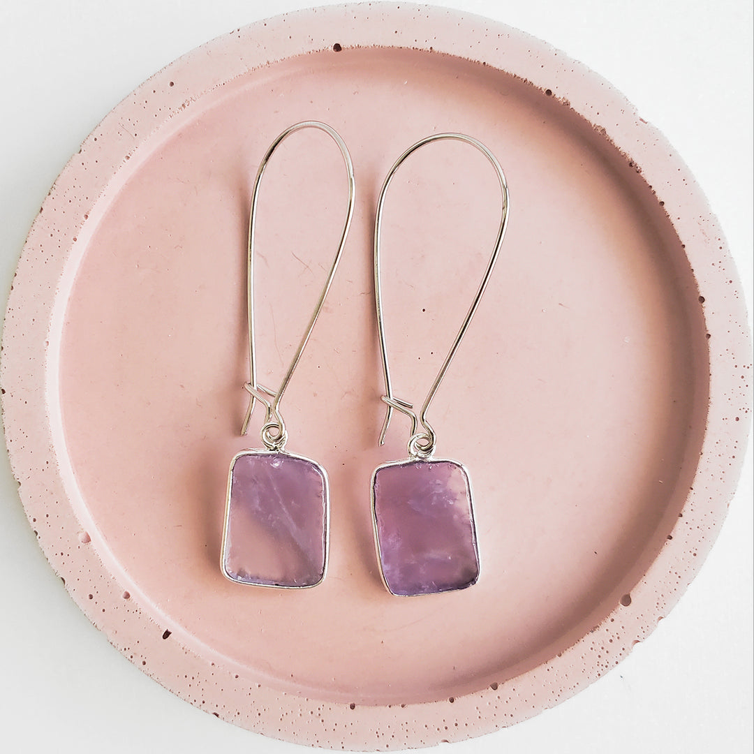 Freeform Amethyst Gemstone Slice Drop Earrings in Silver