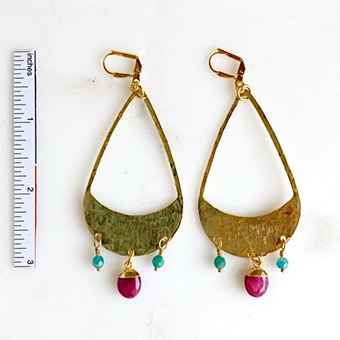 Super Big Statement Earrings with Hammered Brass Teardrops and Fuchsia Oval Stones and Amazonite Beads
