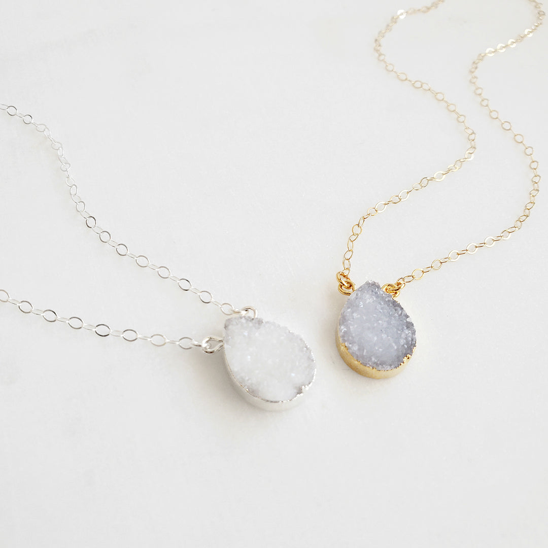 Large White Gray Druzy Teardrop Necklace in Gold and Silver
