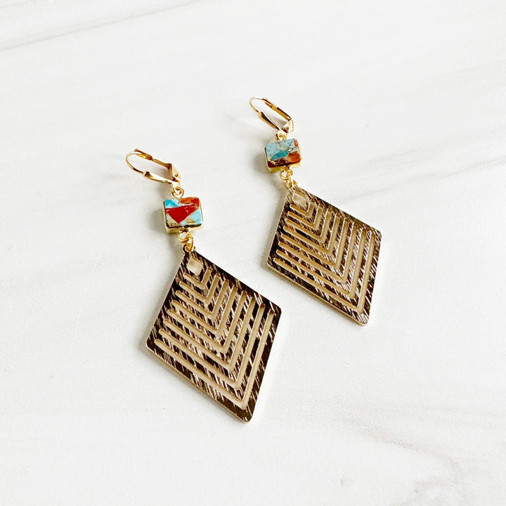Turquoise Orange Mojave Stone Earrings in Gold with Patterned Diamond Pendants