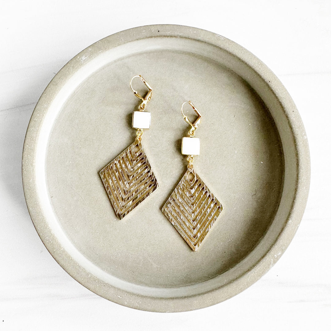 Patterned Diamond and White Agate Statement Earrings in Brushed Brass Gold