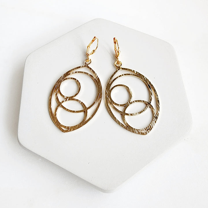 Marquise and Circle Shaped Earrings in Brushed Brass Gold