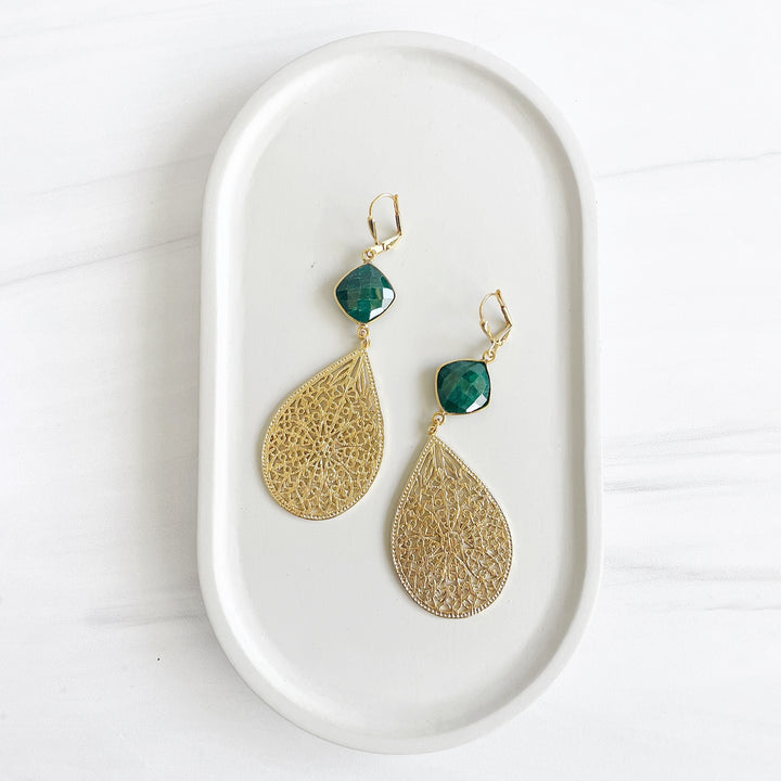 Gold Teardrop Statement Earrings with Green Stones
