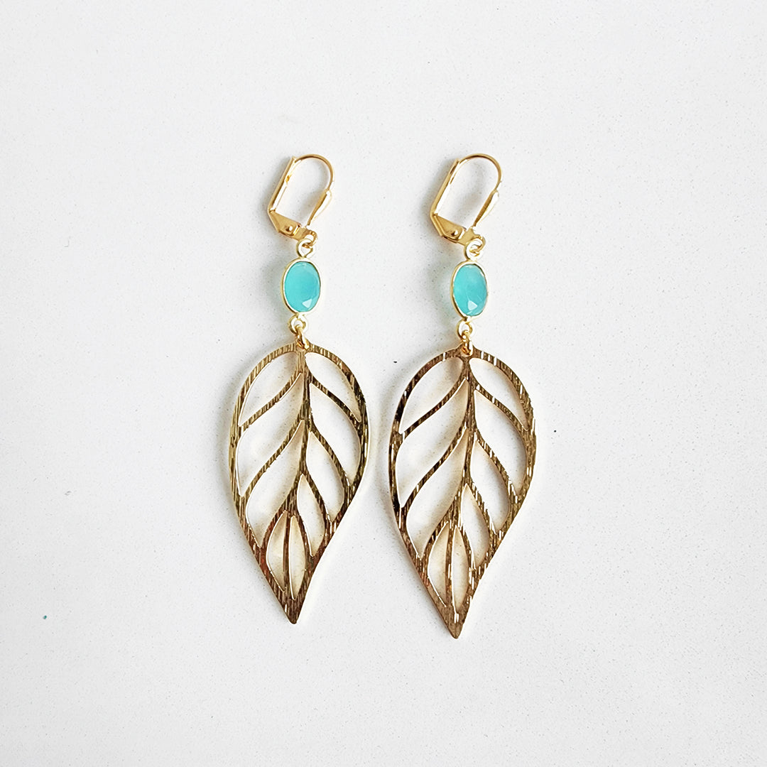 Turquoise Leaf Statement Earrings in Brushed Brass Gold
