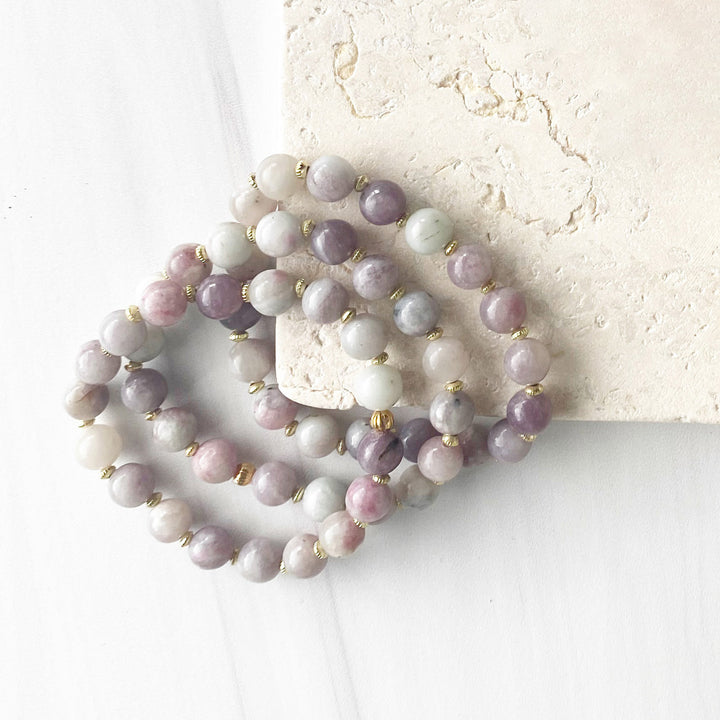Purple Stone Stretch Beaded Bracelet with Gold Accents