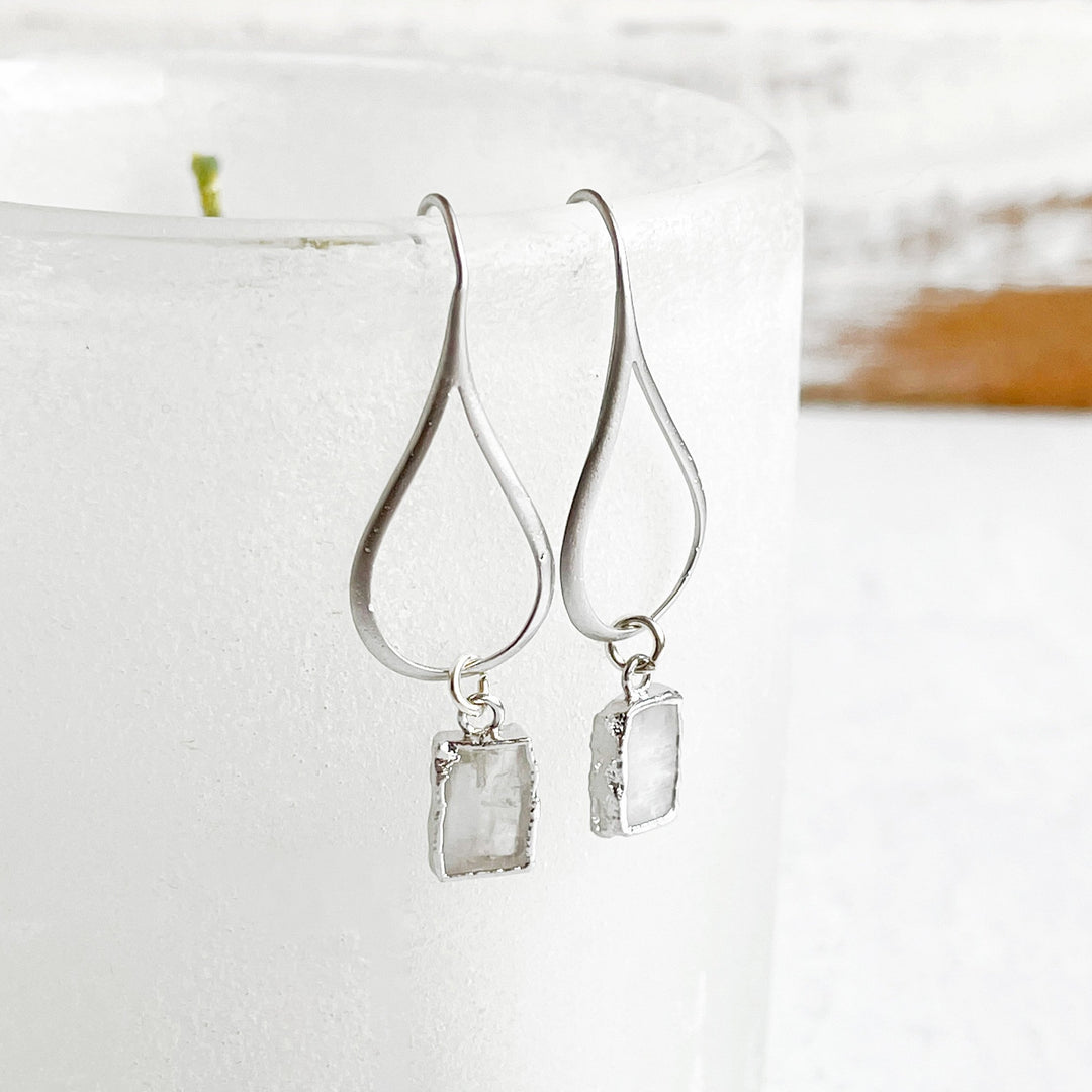 Crystal Quartz Gemstone Slice Drop Earrings in Silver