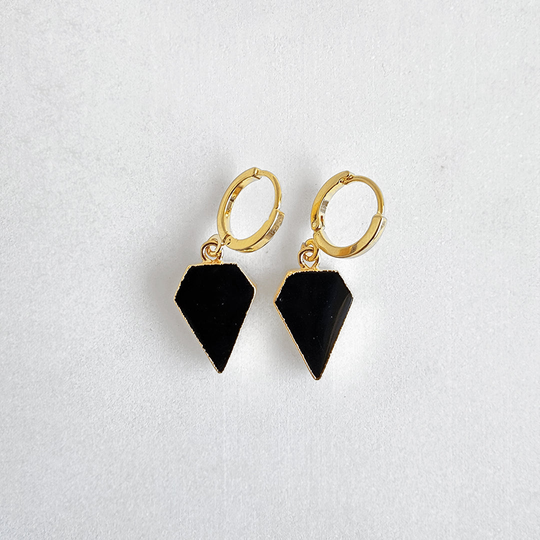 Dainty Black Onyx Diamond Shield Hoop Earrings in Gold & Silver
