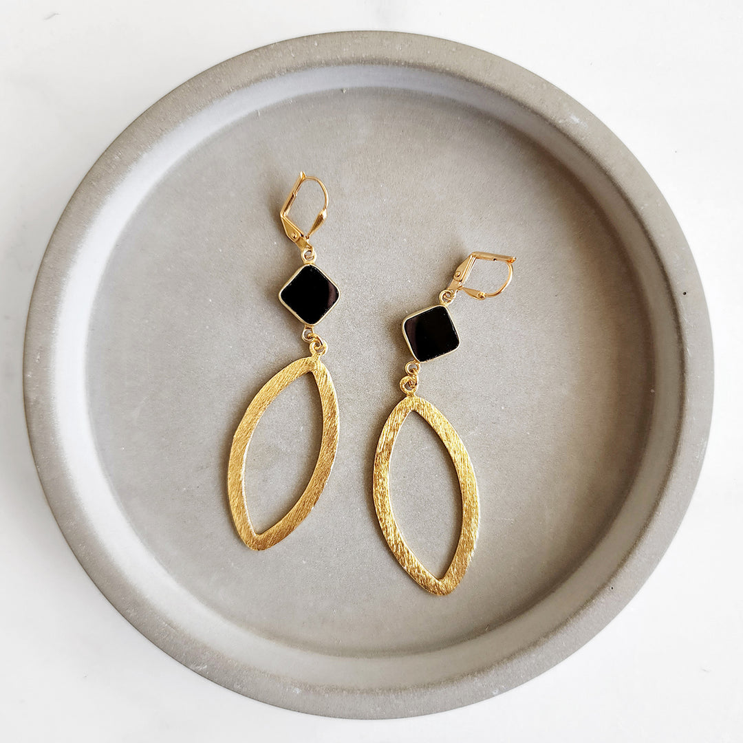 Diamond Shaped Black Onyx Marquise Earrings in Brushed Brass Gold