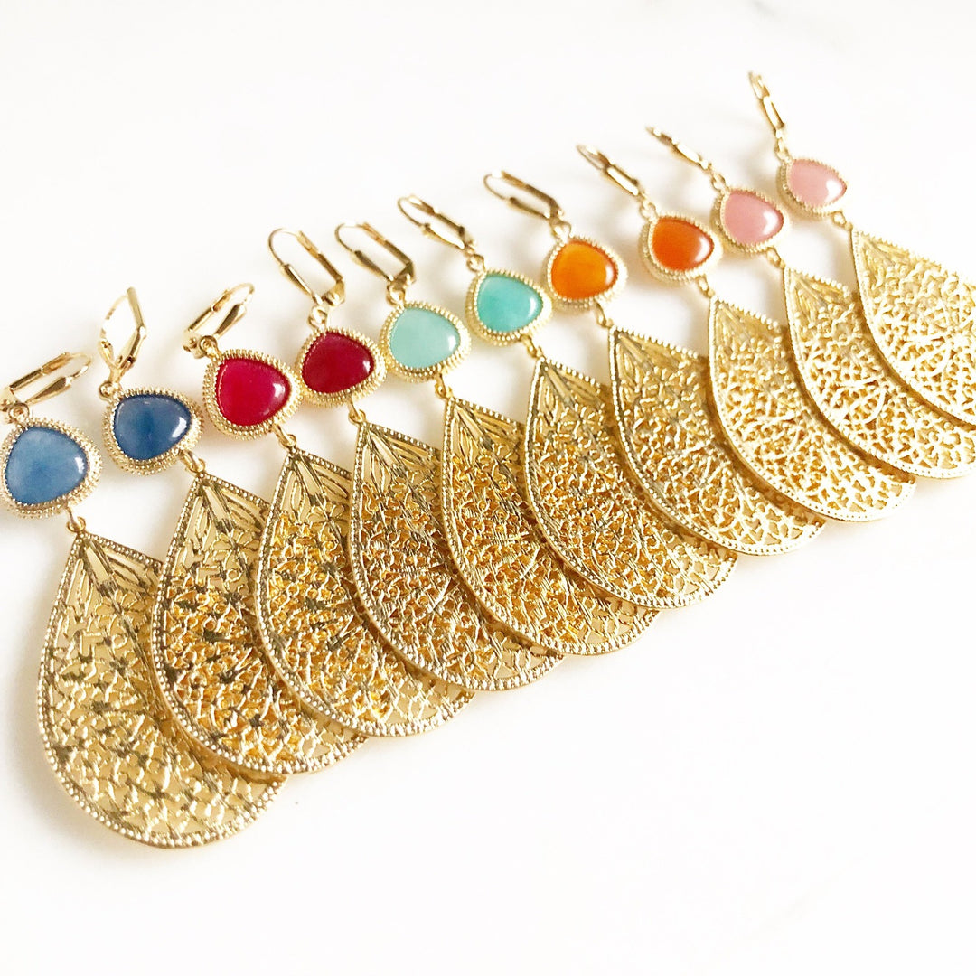 Gold Chandelier Earrings. Filigree Teardrop Stone Earrings
