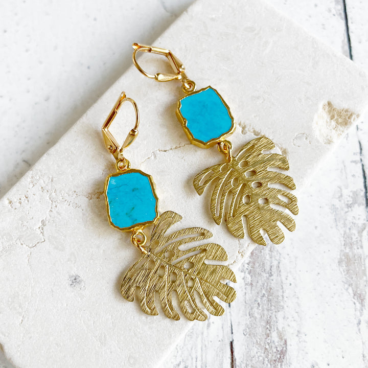 Big Monstera Leaf Statement Earrings in Gold with Turquoise Howlite