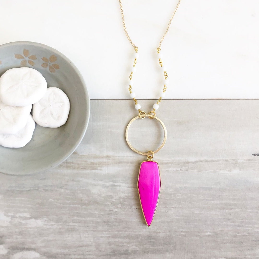 Long Pink Stone Necklace in Gold. Statement Shield Necklace
