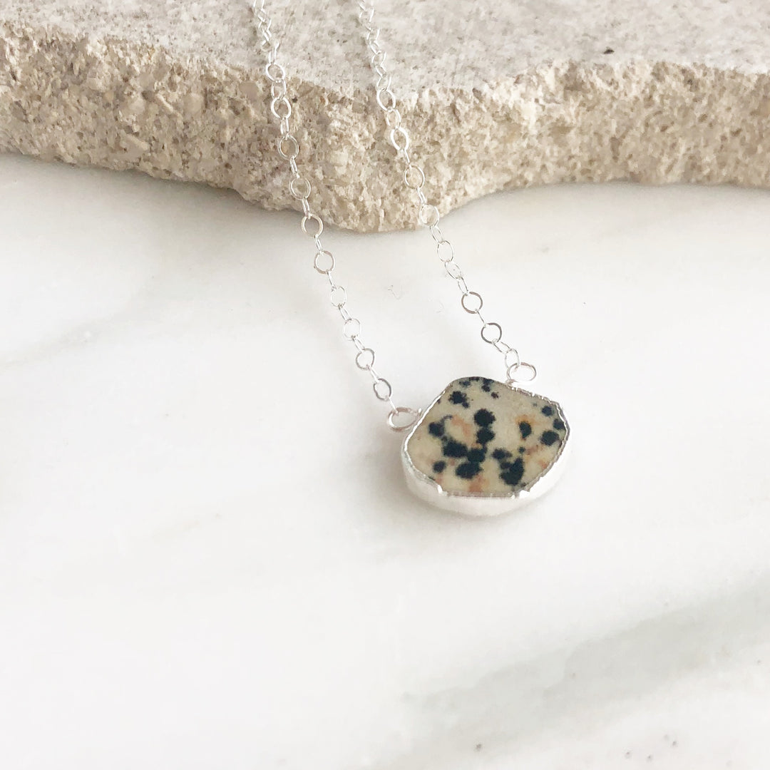 Dainty Gemstone Necklace in Silver. Dalmatian Jasper Necklace. Delicate Gemstone Layering Necklace