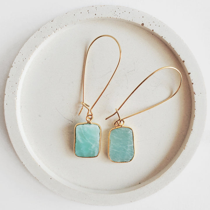 Freeform Amazonite Gemstone Slice Drop Earrings in Gold