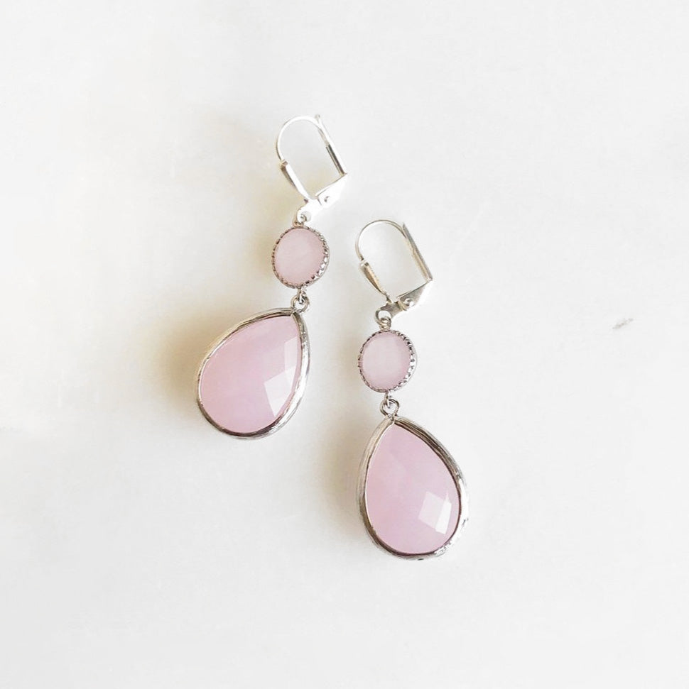 Soft Pink Glass Drop Earrings in Silver. Pink Dangle Earrings