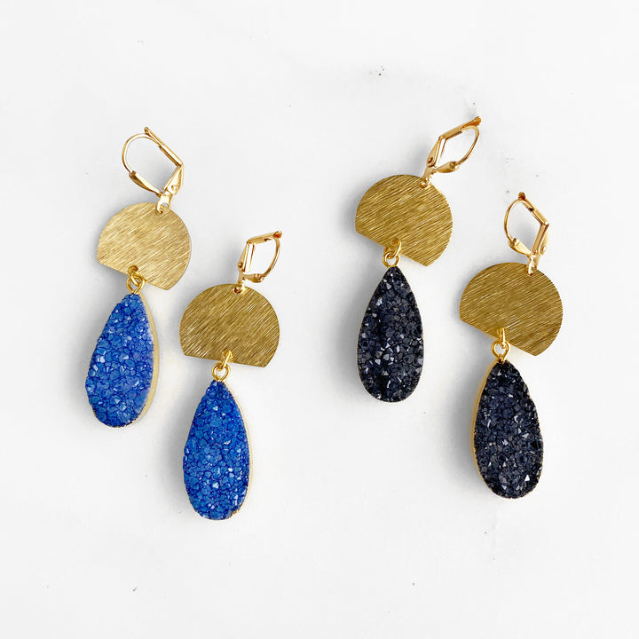 Blue and Black Druzy Teardrop and Brushed Gold Statement Earrings