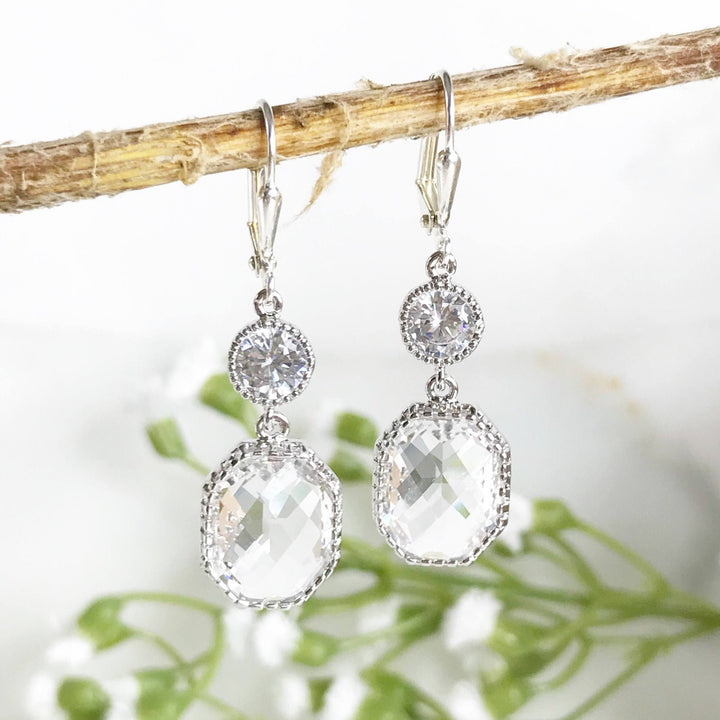 Silver Bridal Earrings with Clear Stones. Drop Dangle Modern Earrings