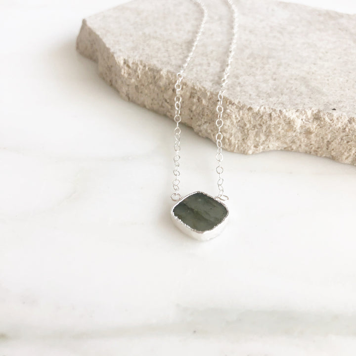 Labradorite Gemstone Slice Pendant Necklace in Silver. Stone Necklace. Holiday Layering Jewelry.
