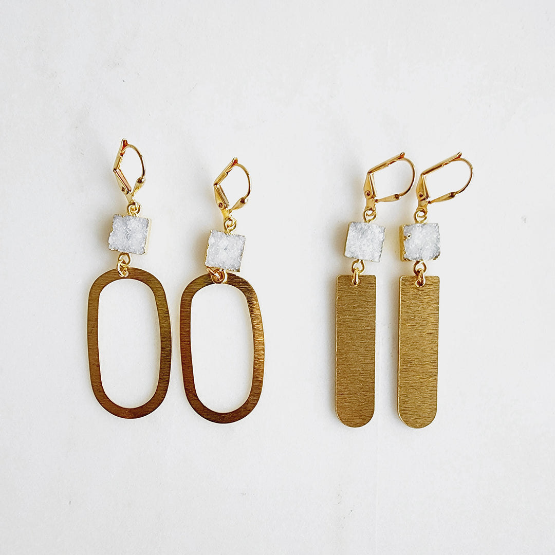 Square White Druzy Horseshoe Statement Earrings in Brushed Brass Gold