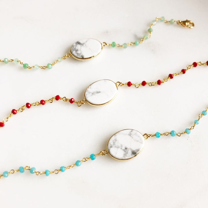 White and Grey Howlite and Colorful Beaded Bracelets. Red, Green, and Blue.