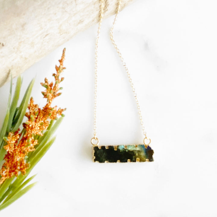 Labradorite Scalloped Bar Necklace in Gold. Simple Dainty Gemstone Bar Necklace
