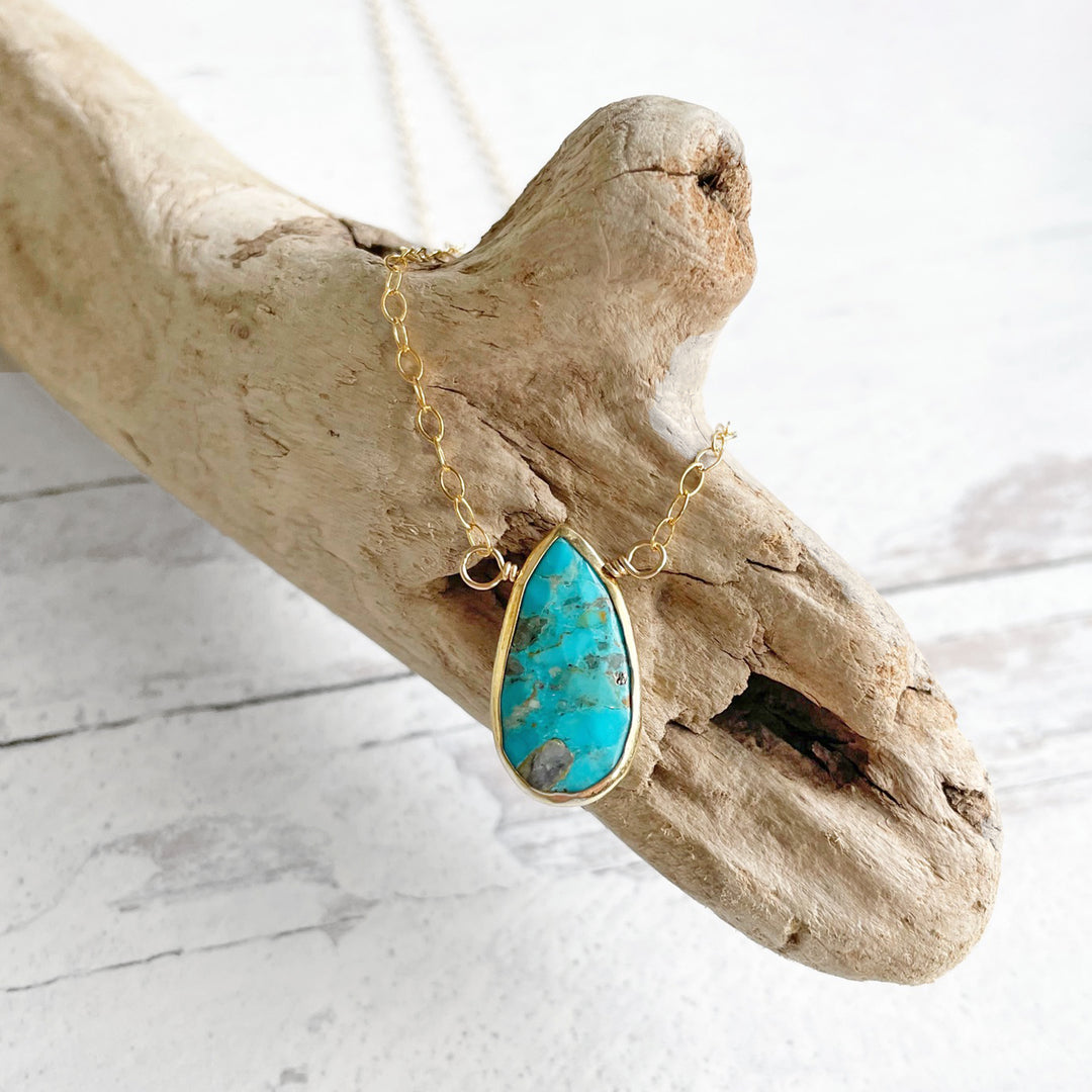 Turquoise Teardrop Bezel Necklace in Gold. Dainty Pendant Necklace