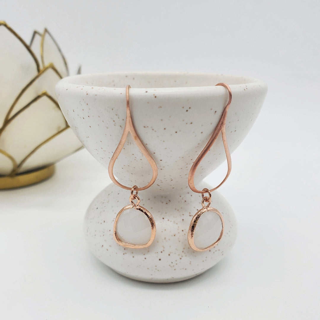 Milky Quartz Stone Drop Earrings in Rose Gold