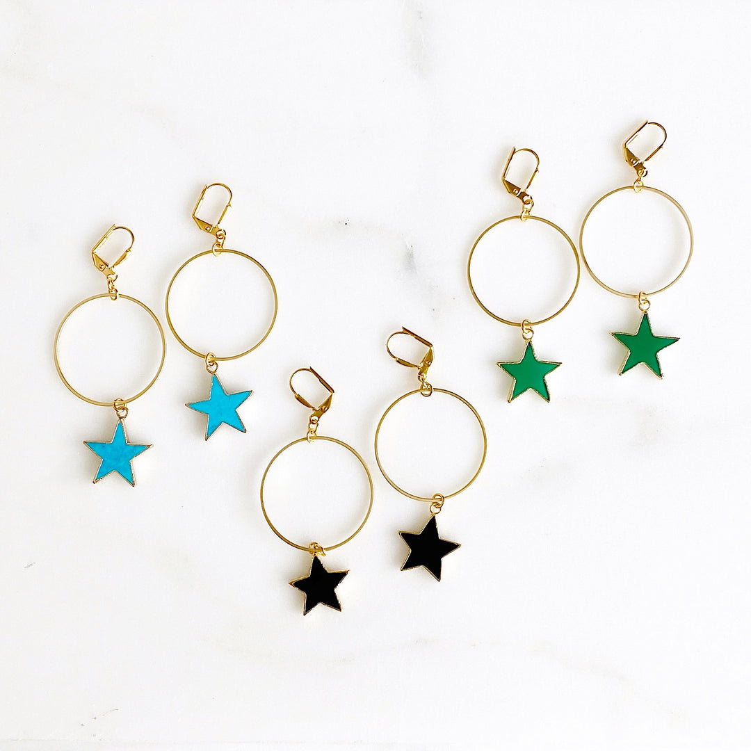 Hoop Earrings with Star Drops. Green Black Turquoise Star and Gold Hoop Earrings. Dangle Earrings