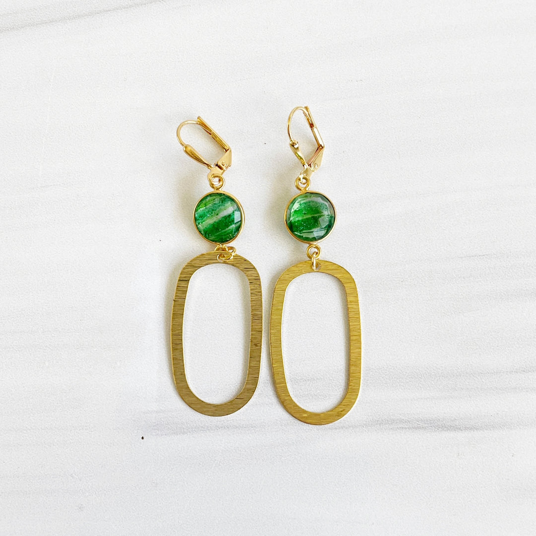 Green Stone Open Oval Dangle Earrings with Brushed Brass Gold