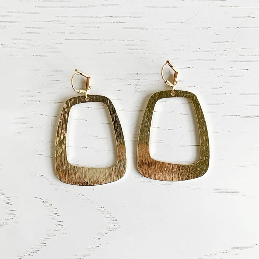 Asymmetrical Open Rectangle Earrings in Brushed Brass Gold