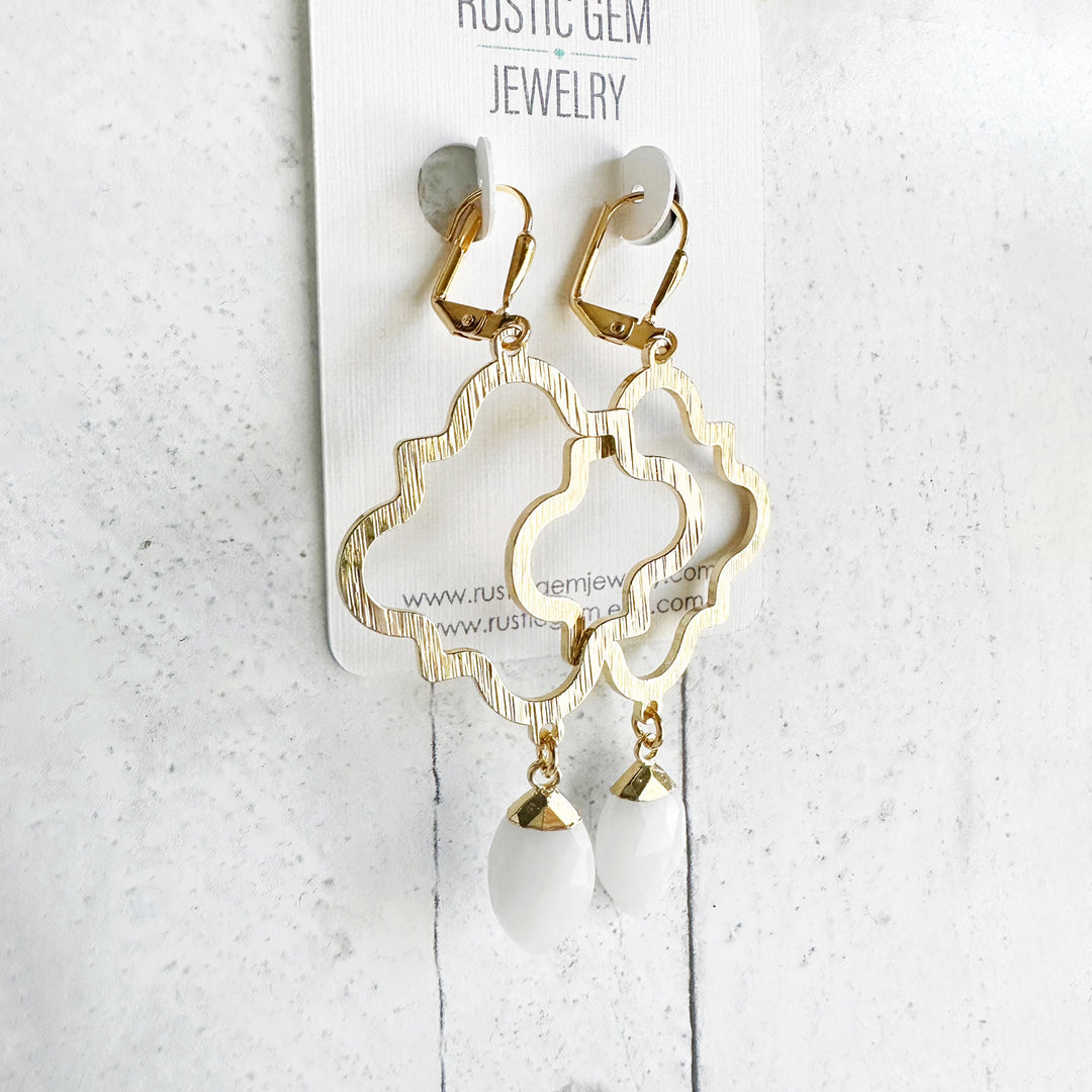Quatrefoil Statement Earrings with White Stone in Brushed Brass Gold