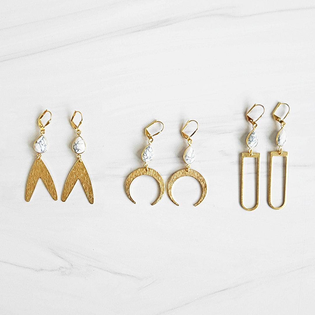 White Howlite Statement Earrings in Brushed Brass Gold