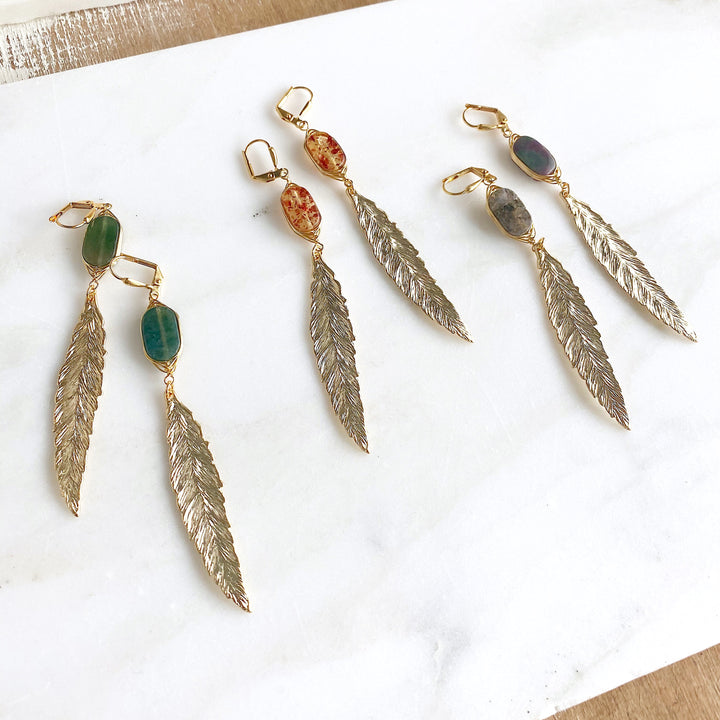 Boho Feather Earrings in Golden Fall Colors. Long Gold Feather Earrings. Boho Earrings