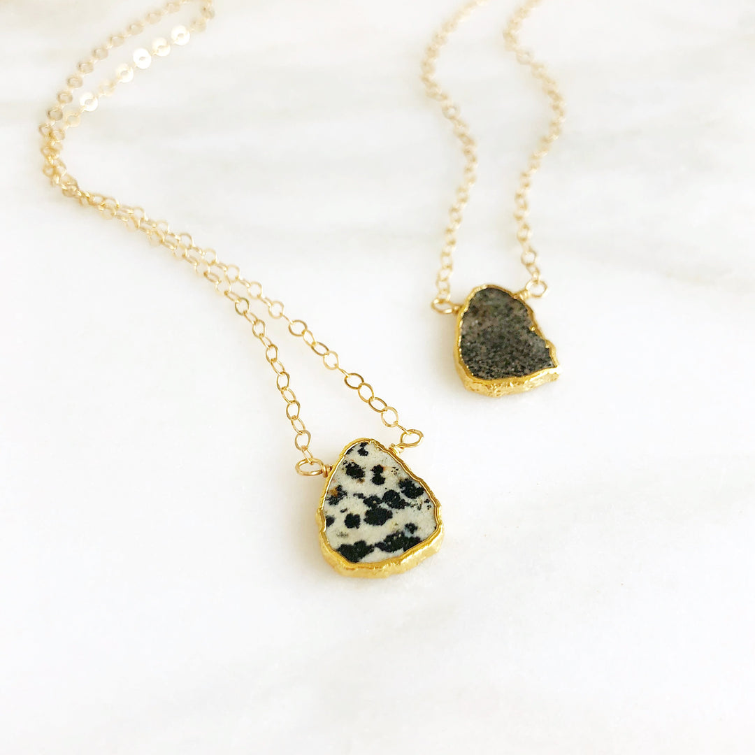 Dalmation Jasper Gemstone Slice Necklace in Gold