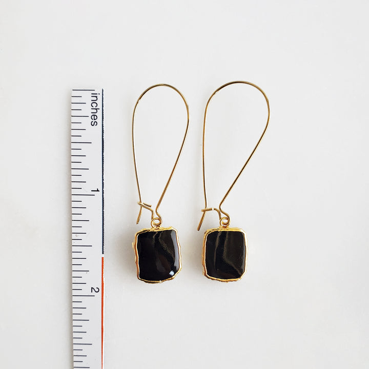 Black Onyx Drop Earrings in Gold. Medium Ear wires