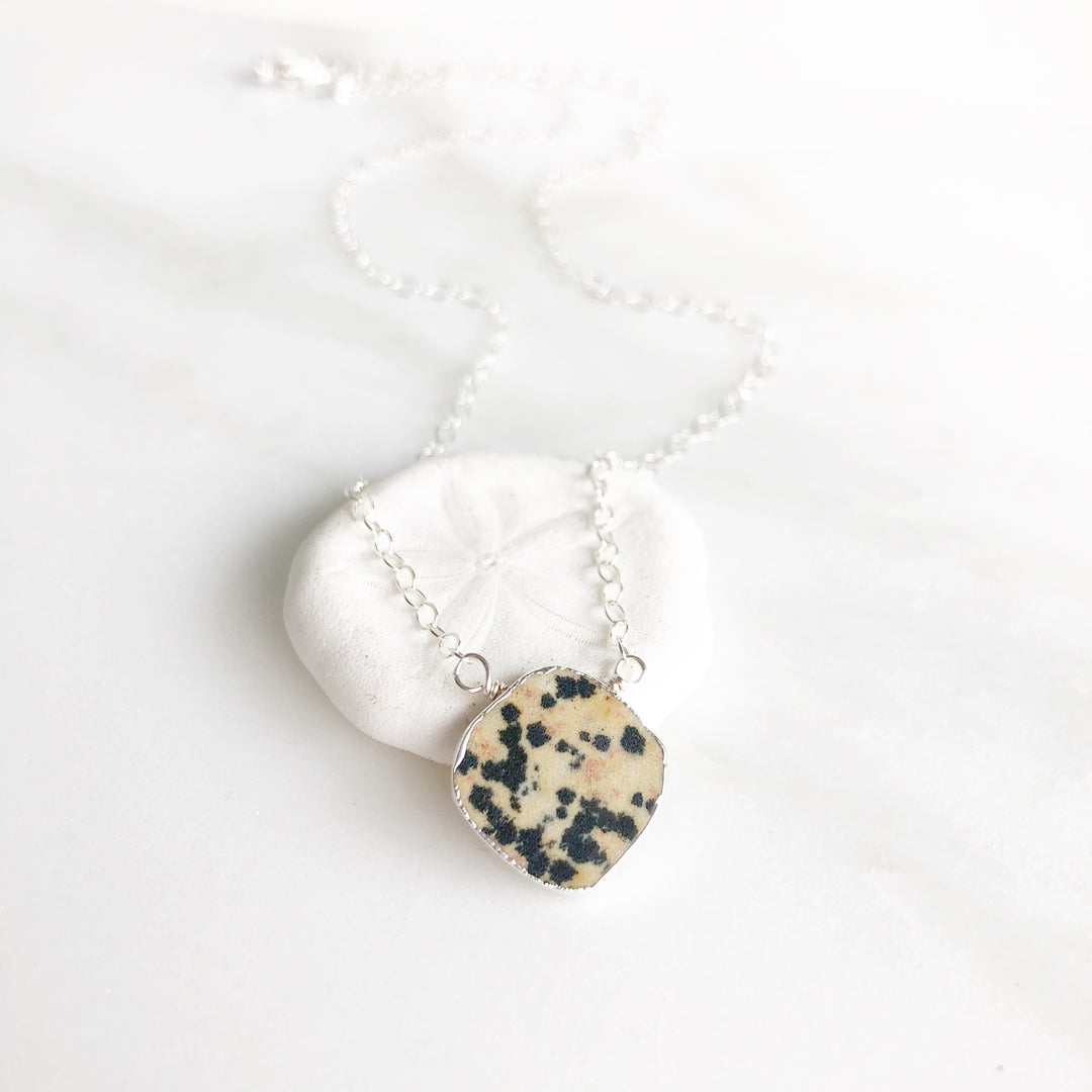 Dalmation Jasper Gemstone Slice Pendant Necklace in Silver. Layering Stone Necklace. Holiday Gift
