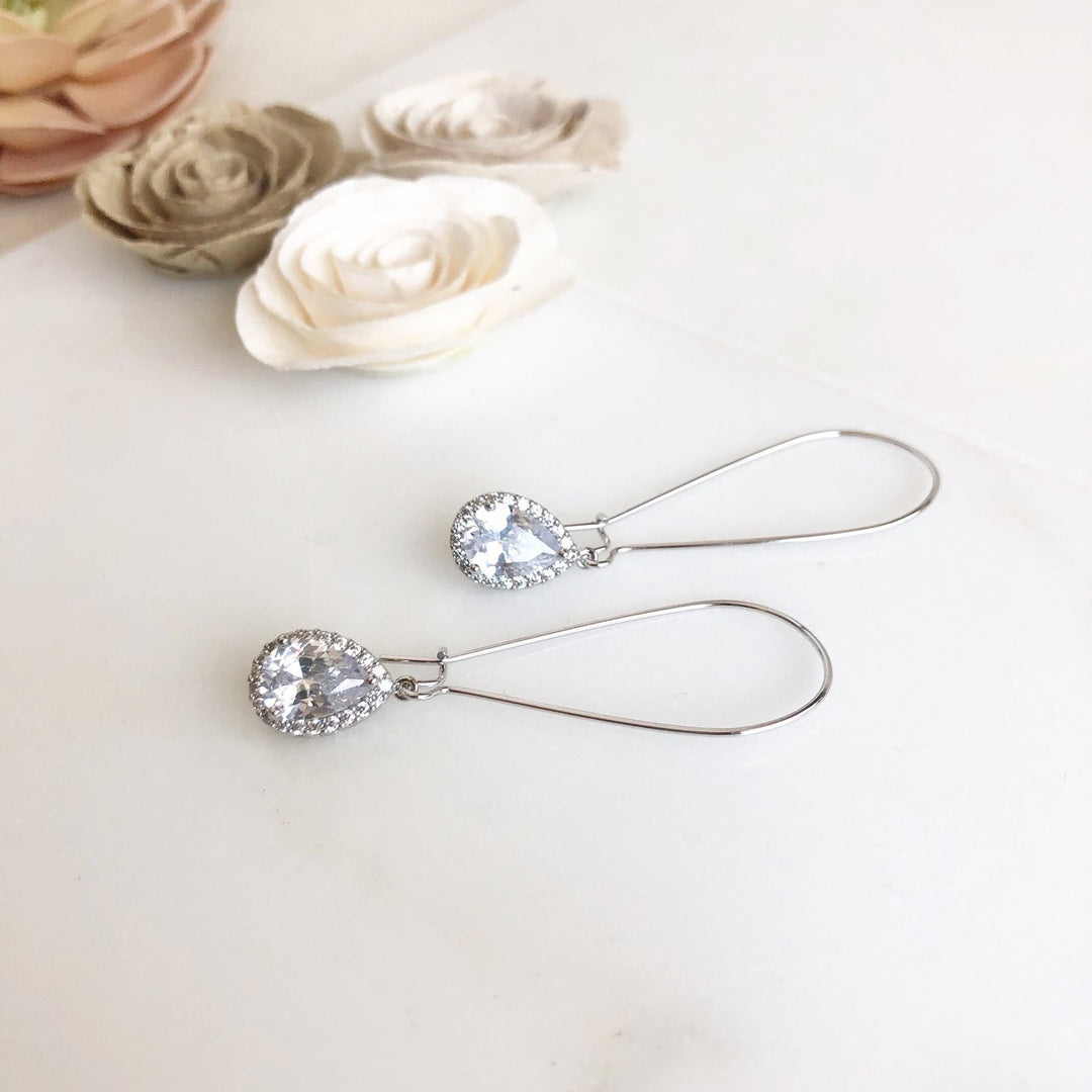 Large Simple Silver Bridal Drop Earrings. Cubic Zirconia Drop Dangle Earrings