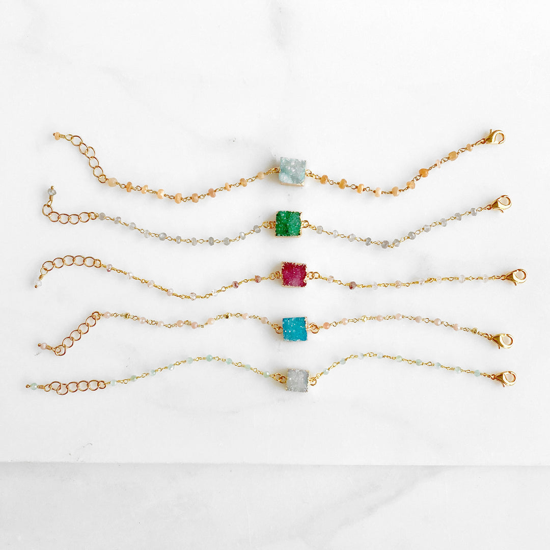 Beaded Druzy Bracelets. Dainty Gold Chain Bracelet. Square Stone Bracelet